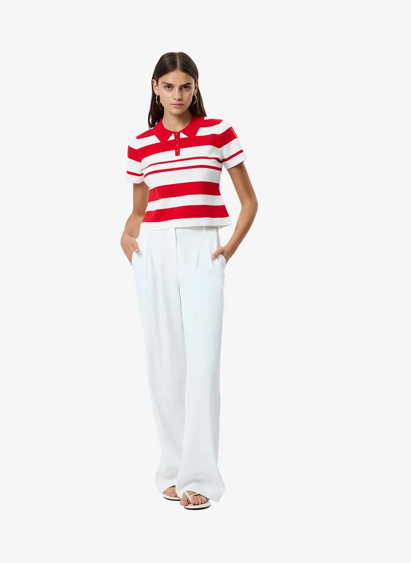French Connection Women's Summer White- Crimson Maxime Knit Striped V Neck Ss Top