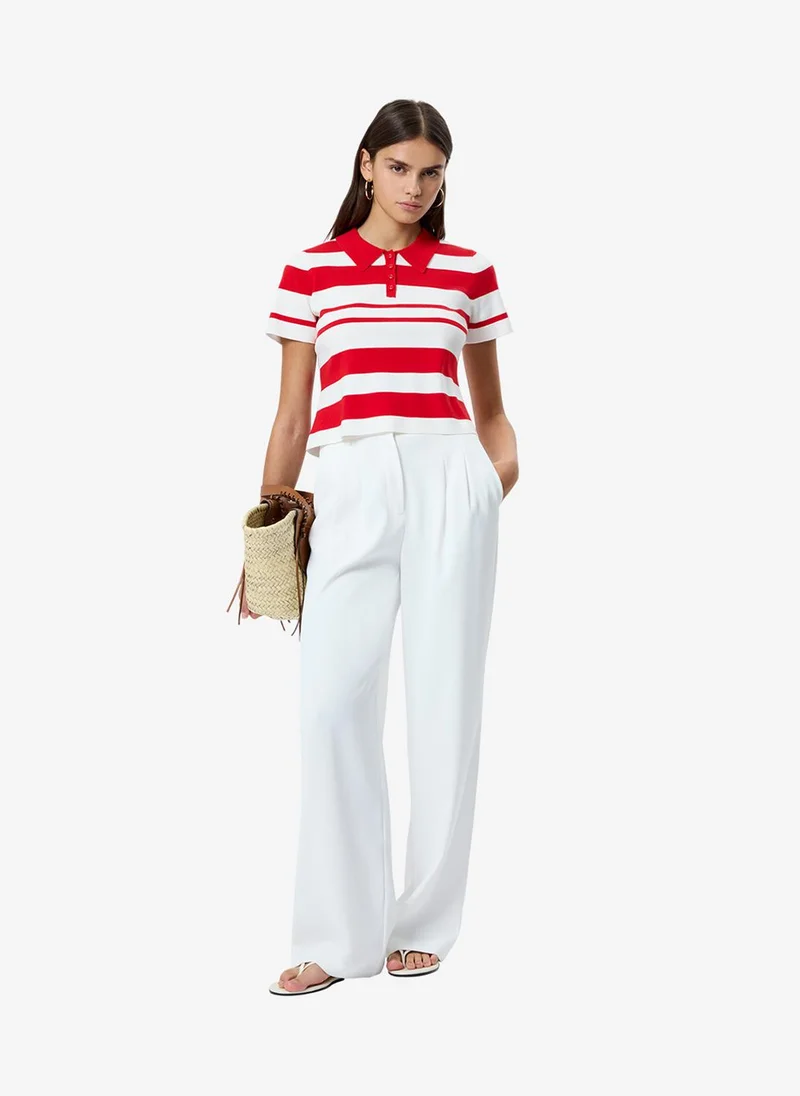 French Connection Women's Summer White- Crimson Maxime Knit Striped V Neck Ss Top