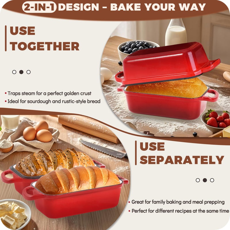 Articasting Cast Iron Bread Loaf Pan with Lid, 2 In 1 Loaf Pans for Baking Bread 9x5, Enameled Bread Pans for Homemade Bread, Sourdough, Even Heating Bread Dutch Oven, Red - Image 4
