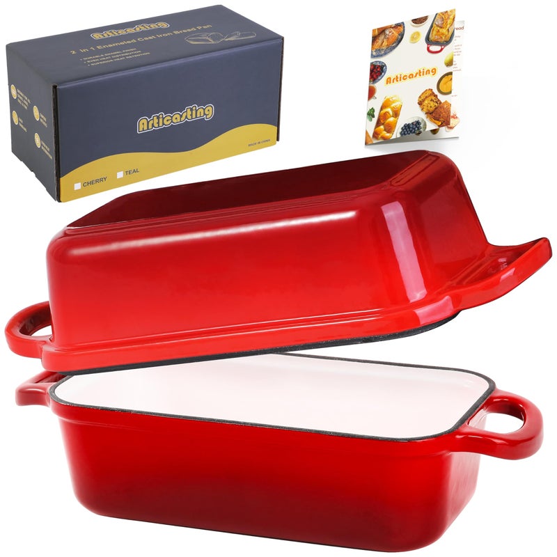 Articasting Cast Iron Bread Loaf Pan with Lid, 2 In 1 Loaf Pans for Baking Bread 9x5, Enameled Bread Pans for Homemade Bread, Sourdough, Even Heating Bread Dutch Oven, Red - Image 1