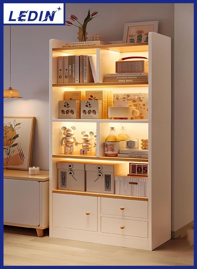 LEDIN Multi-Layer Book Shelf, Floor-Standing Storage Bookcase, Display Book Shelf Cabinet for Living Room, TV Cabinet with Side Storage Bookshelf (White, 180x24x60cm) - Image 1