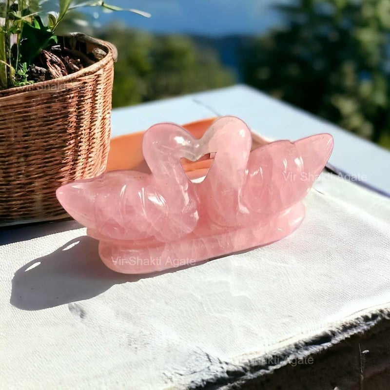 Certified Natural Rose Quartz Crystal Healing Gems for Love Reiki Energy Health Meditation Emotional Heart Chakra Gifting Wellness Rose Quartz Love Birds Swan  - Image 1