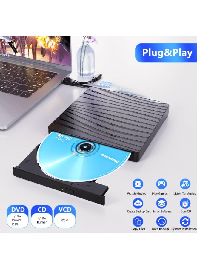 External CD/DVD Drive for Laptop, USB 3.0 & Type-C Portable CD DVD +/-RW Burner Optical Drive, High-Speed Reader Writer DVD Player for Laptop, iMac, PC, Desktop, and MacBook - Image 3