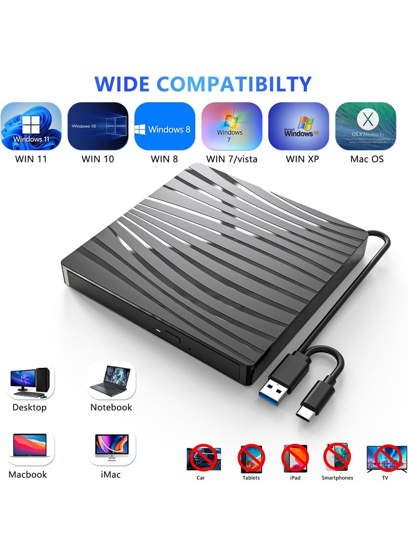 External CD/DVD Drive for Laptop, USB 3.0 & Type-C Portable CD DVD +/-RW Burner Optical Drive, High-Speed Reader Writer DVD Player for Laptop, iMac, PC, Desktop, and MacBook - Image 2