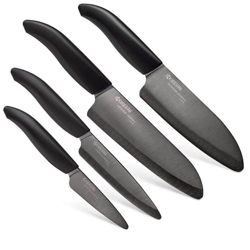 Kyoceras Revolution 4Piece Ceramic Knife Set Chef Knife For Your Cooking Needs Includes 6Chefs Santoku 55 Santoku 45 Utility  3 Paring Knives Black