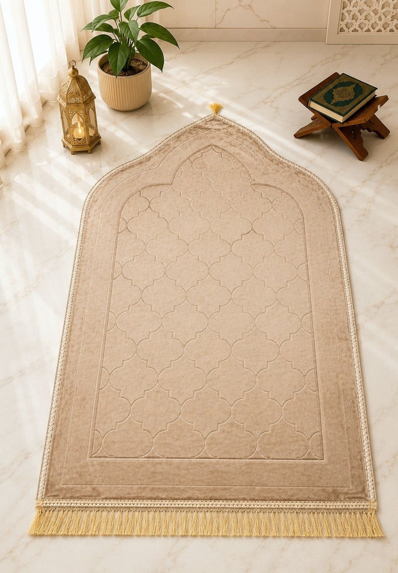 Fabienne Embossed Prayer Mat 80x120cm Beige Large Size Anti-Slip Velvet Top Thick Padded Prayer Rug New Design Sajadah Prayer Carpet for Men Women Eid Gift Ramadan - Image 1