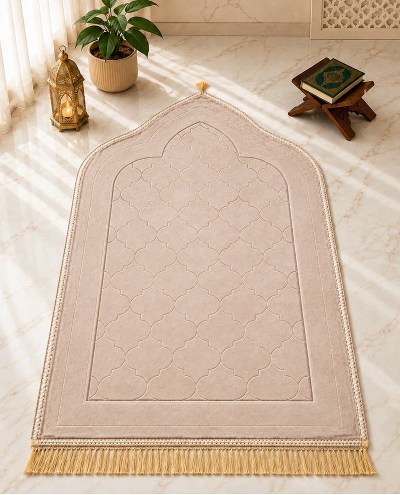 Fabienne Embossed Prayer Mat 80x120cm Beige Large Size Anti-Slip Velvet Top Thick Padded Prayer Rug New Design Sajadah Prayer Carpet for Men Women Eid Gift Ramadan - Image 1