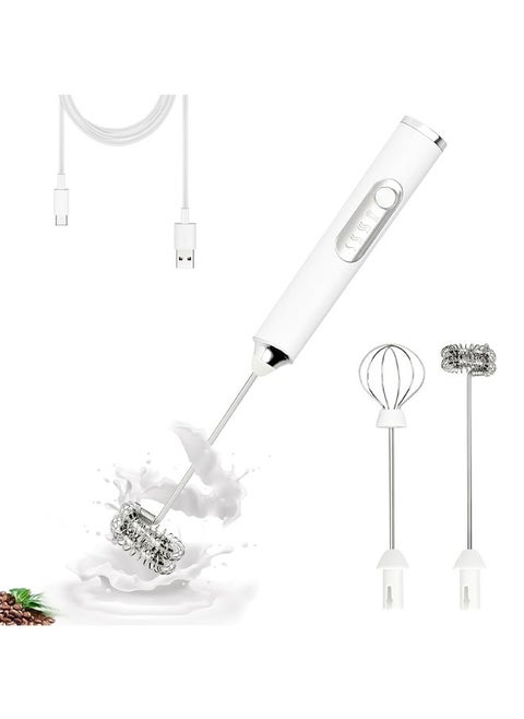 Electric Double Whisk Milk Frother, Handheld USB Rechargeable Drink Mixer, 3 Speeds Adjustable Electric Whisk Foam Maker Detachable for Coffee, Lattes, Matcha, Hot Chocolate, White