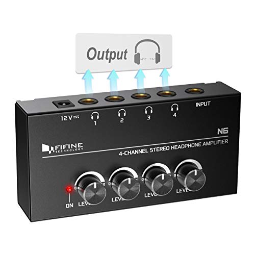 FIFINE N6 Headphone Amplifier 4 Channel Metal Stereo Audio Amplifier, Mini Earphone Splitter with Power Adapter - 4x Quarter Inch Balanced TRS Headphones Output and TRS Audio Input for Sound Mixer. - Image 1