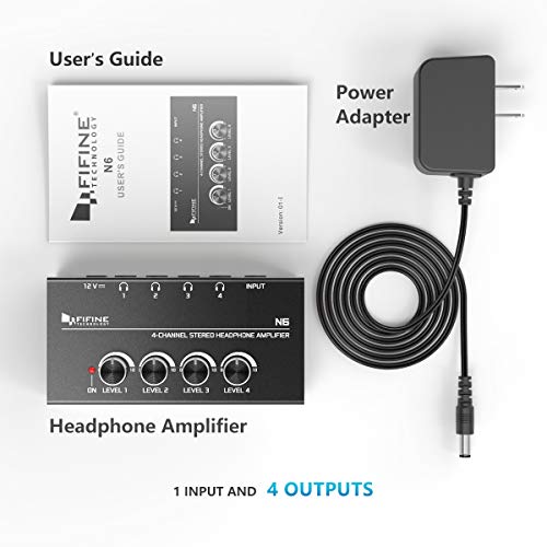 FIFINE N6 Headphone Amplifier 4 Channel Metal Stereo Audio Amplifier, Mini Earphone Splitter with Power Adapter - 4x Quarter Inch Balanced TRS Headphones Output and TRS Audio Input for Sound Mixer. - Image 5