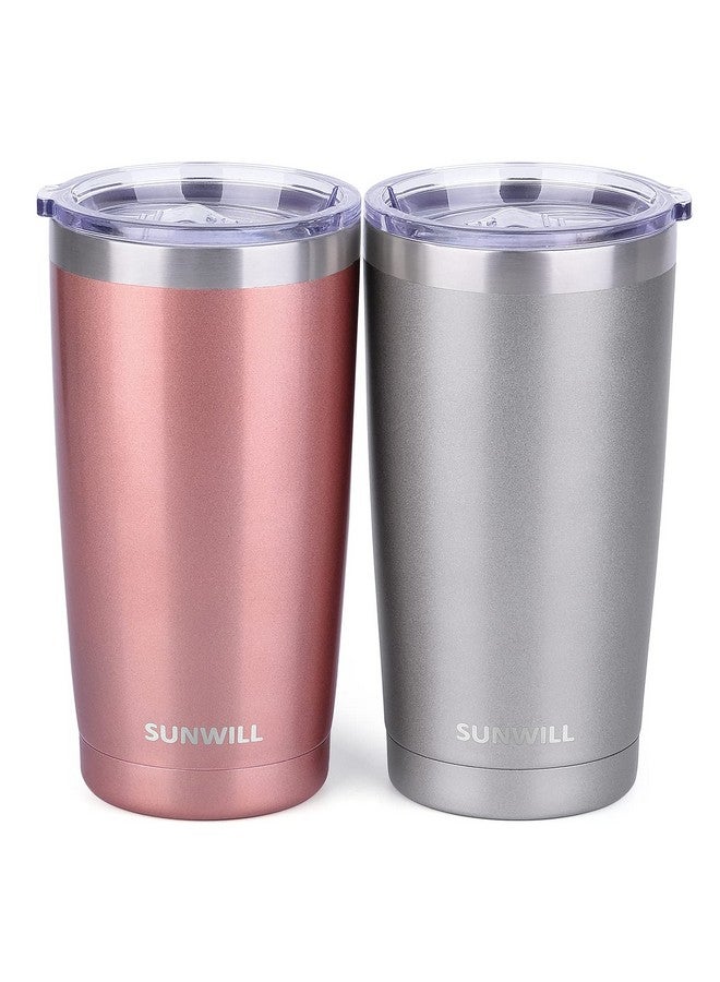 SUNWILL طقم أكواب قهوة SUNWILL من 2، كوب معزول بغطاء سعة 20 أونصة، كوب سفر من الفولاذ المقاوم للصدأ (ذهبي وردي ورمادي بارد) جدار مزدوج مفرغ، كوب حراري بغطاء منزلق مقاوم للتسرب - Image 1