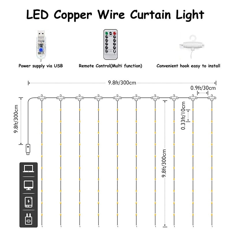XERGY Window Curtain String Light 300 LED 8 Lighting Modes Fairy Lights Remote Control USB Powered Waterproof Lights for Bedroom Party Wedding Home Wall Decorations (Multi Color) - Image 3