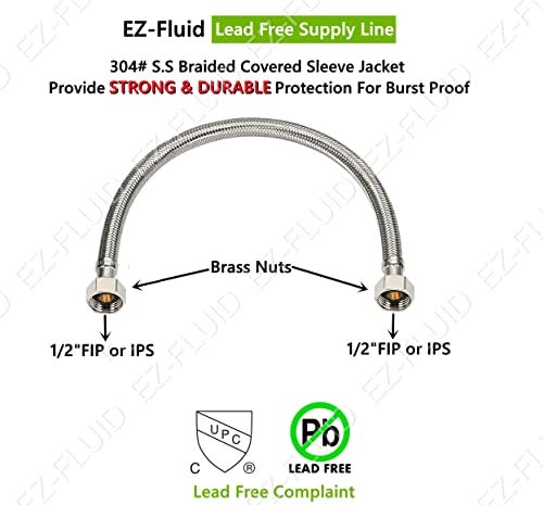EZ-Fluid (1) 20" Water Supply Line,1/2" Fip x 1/2" Fip LF,Brass Nuts,Universal Stainless Steel Braided Faucet Water Supply Line Connector,Water Supply Hose Connector Lines For Kitchen,Bathroom - Image 3