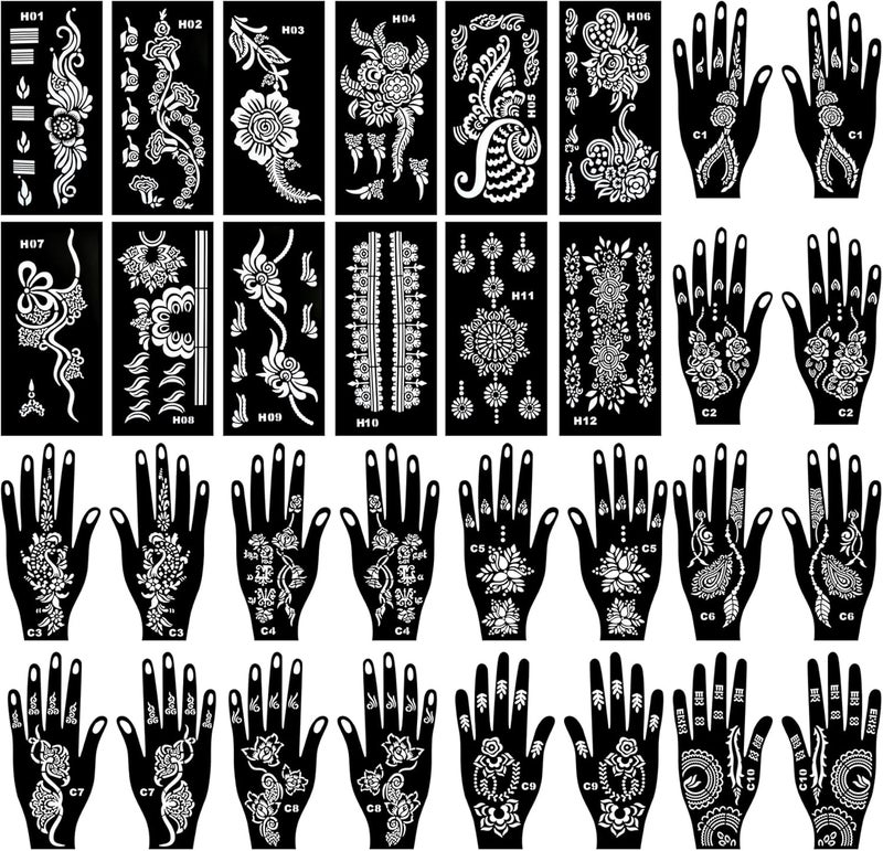 32 Sheets Henna Tattoo Stencils for Hands Forearm Face Paint Body Art, Temporary Glitter Airbrush Flower Tattoo Stencils for Women and Girls Reusable