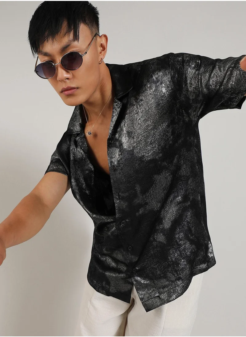 Campus Sutra Men's Midnight Black & Chalice Silver Metallic Ombre Shirt