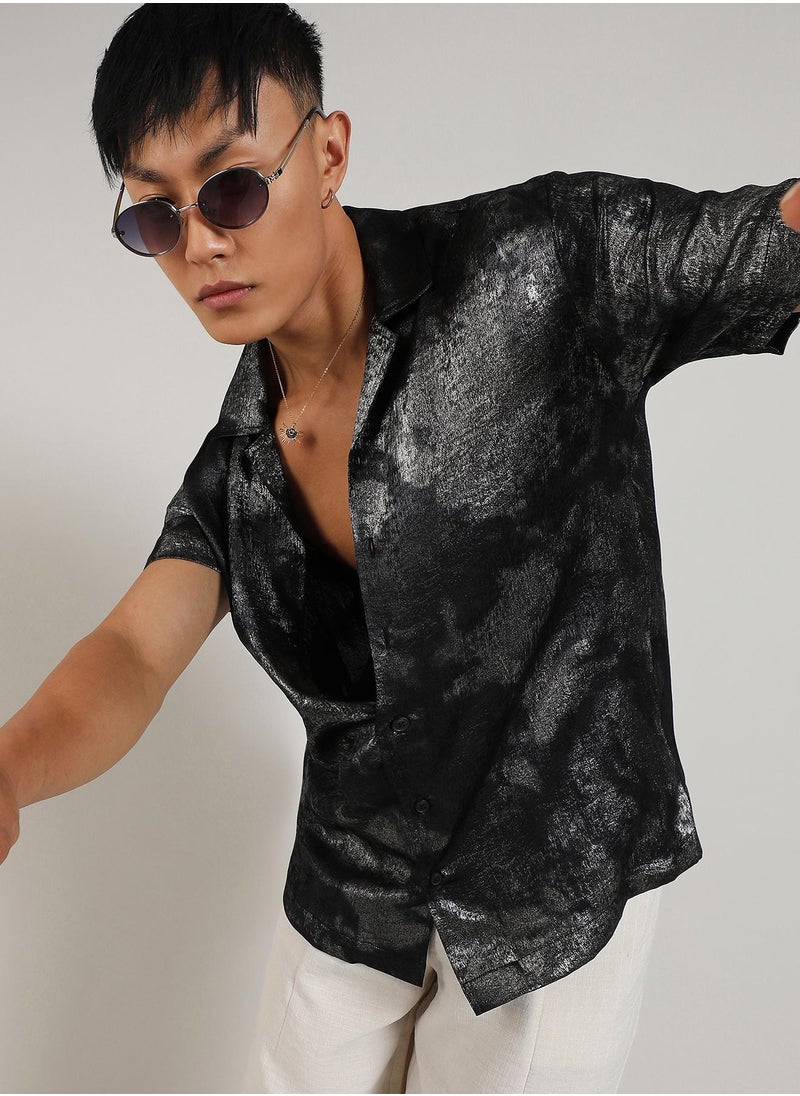 Campus Sutra - Men's Midnight Black & Chalice Silver Metallic Ombre Shirt - Image 1