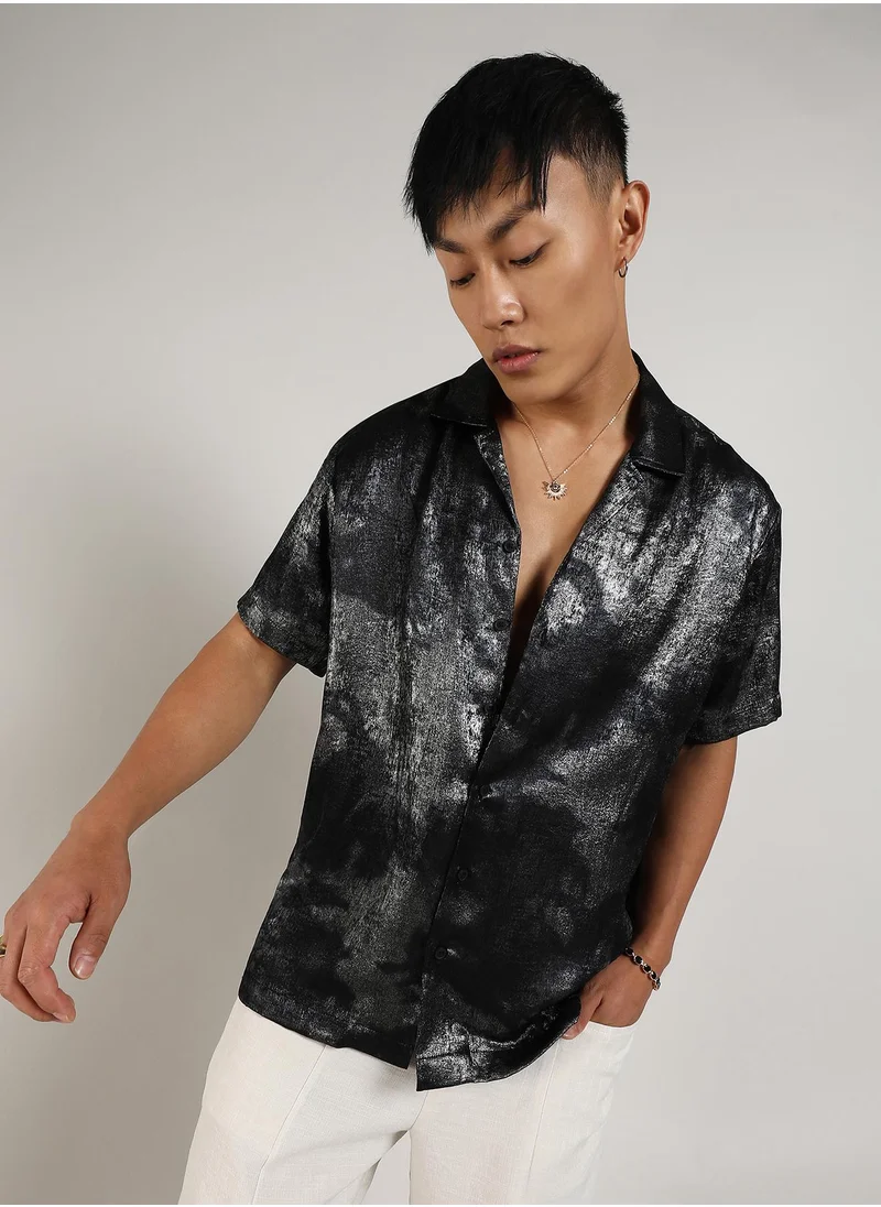 Campus Sutra Men's Midnight Black & Chalice Silver Metallic Ombre Shirt