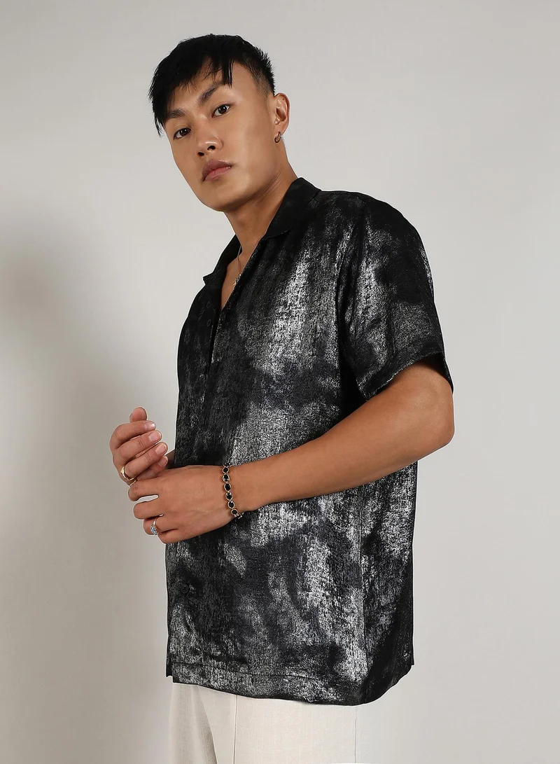 Campus Sutra Men's Midnight Black & Chalice Silver Metallic Ombre Shirt