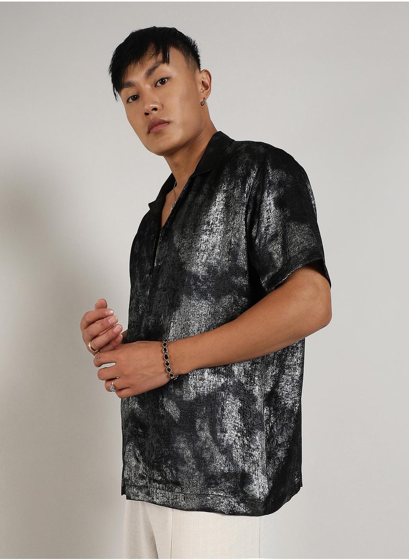 Campus Sutra - Men's Midnight Black & Chalice Silver Metallic Ombre Shirt - Image 1