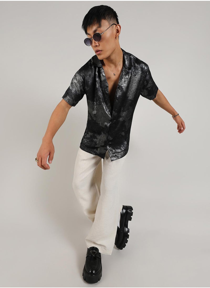 Campus Sutra - Men's Midnight Black & Chalice Silver Metallic Ombre Shirt - Image 1