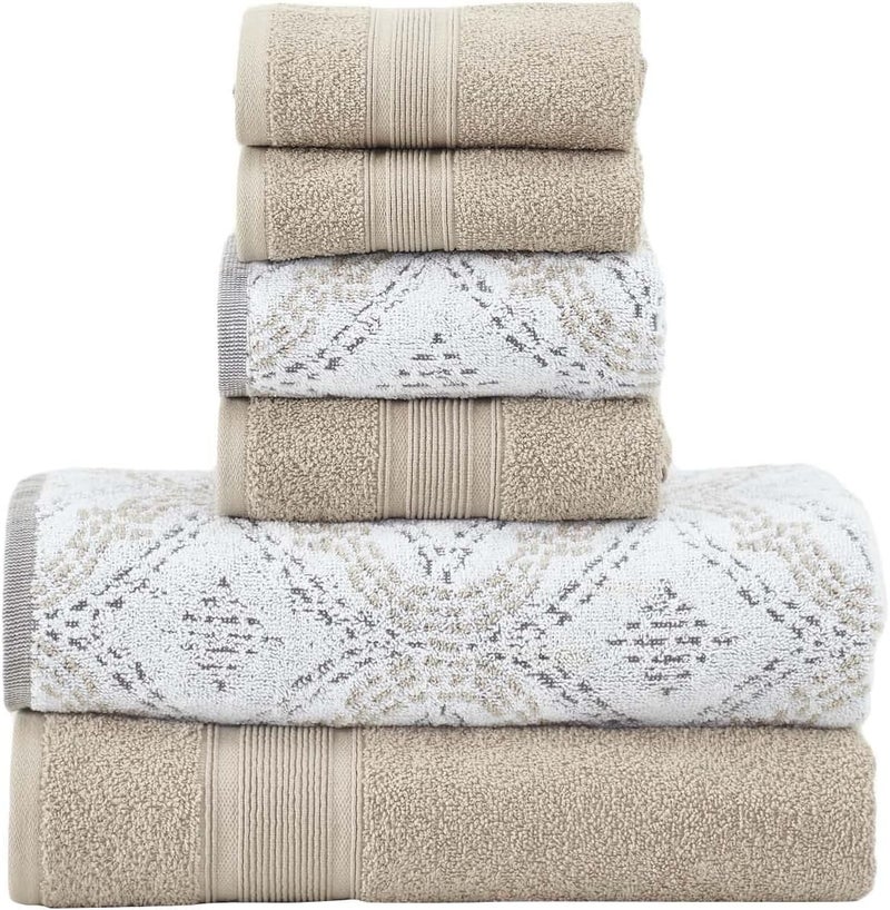 Modern Threads Capri 6-Piece Reversible Yarn Dyed Jacquard Towel Set - Bath Towels, Hand Towels, & Washcloths - Super Absorbent & Quick Dry - 100% Combed Cotton, Khaki - Image 1