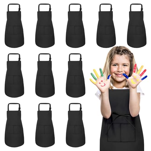 IAGBIBUI 12 Pack Kids Aprons Bulk with 2 Pockets Adjustable Chef Art Apron Kids Painting Aprons for Cooking Baking Crafting Grilling for Boys Girls Age 6-13 Years(Black) - Image 1