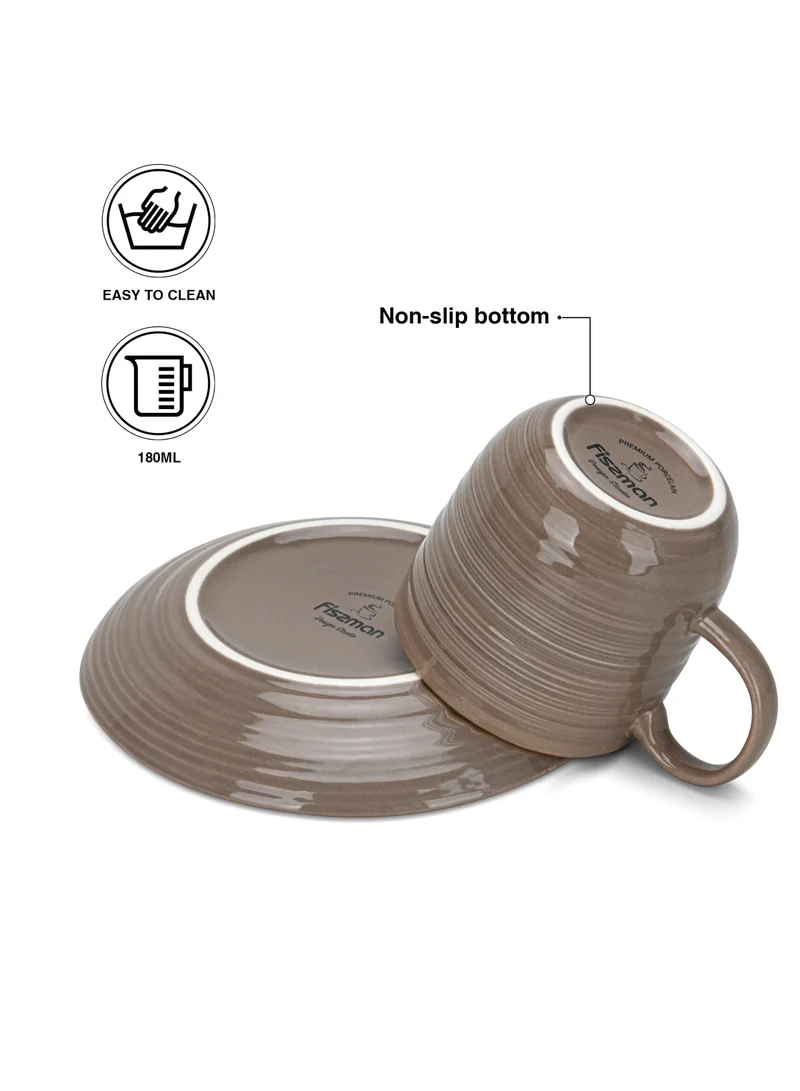 فيسمان 2-Piece Cup with Saucer 180mL, Firmina Series, Porcelain Glossy-Finish New Bone China Tea Cups with Handle, Elegant Golden Rims, Non-Slip Bottom (Brown)