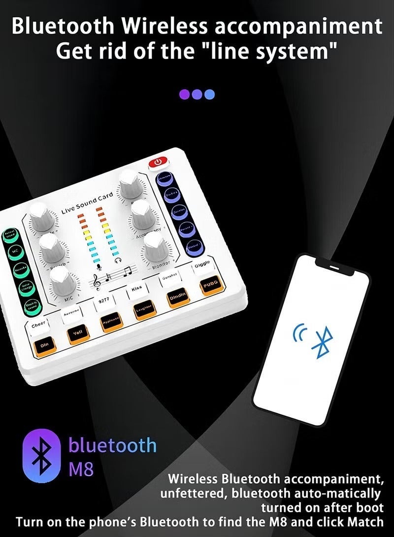 M8 Live Sound Card DSP Chip Twelve Ambient Sounds Four Kinds Of Sound Changes Live Broadcast DJ Mixer Music Recording Guitars TikTok Facebook YouTube USB Bluetooth - Image 2