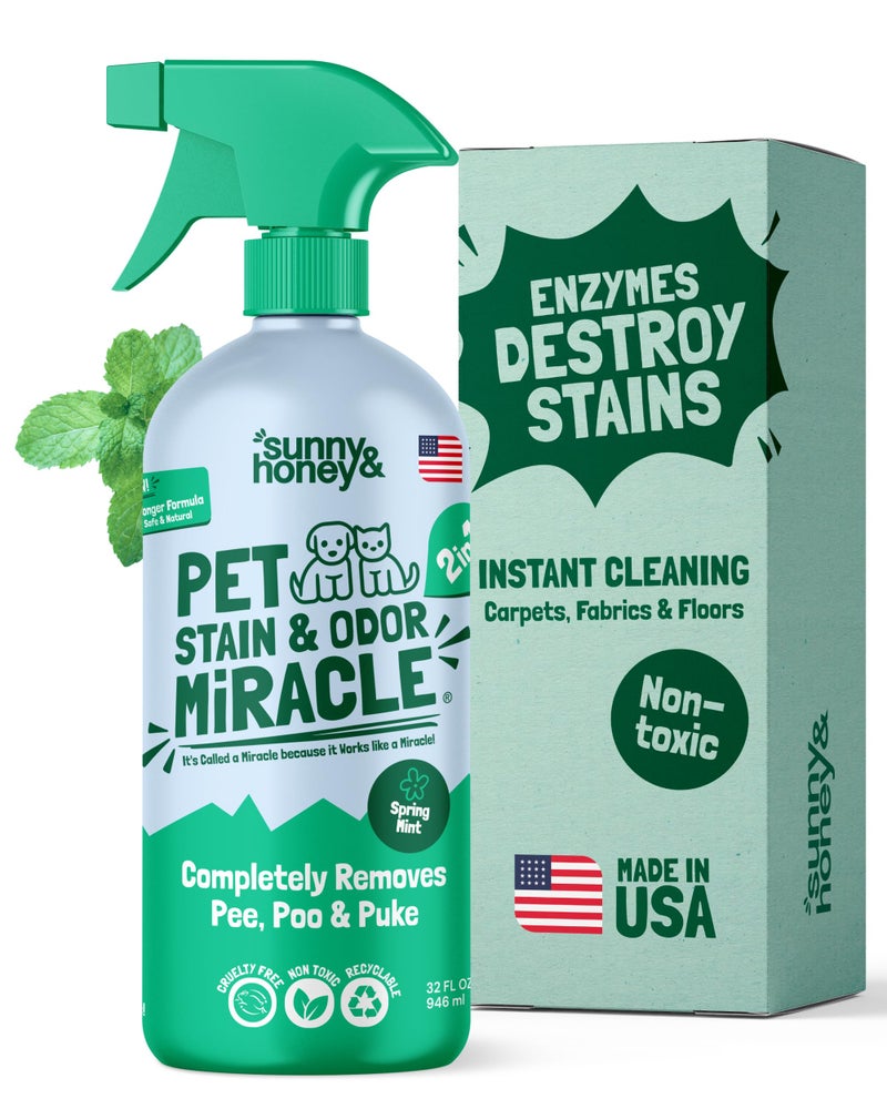 Sunny & Honey Pet Stain & Odor Miracle - 32 Fl Oz, Spring Mint Scent - Carpet Cleaner & Enzyme Spray for Carpets, Mattresses & Upholstery - Rug Shampoo & Dog Pee Cleaner & Odor Remover - Image 1