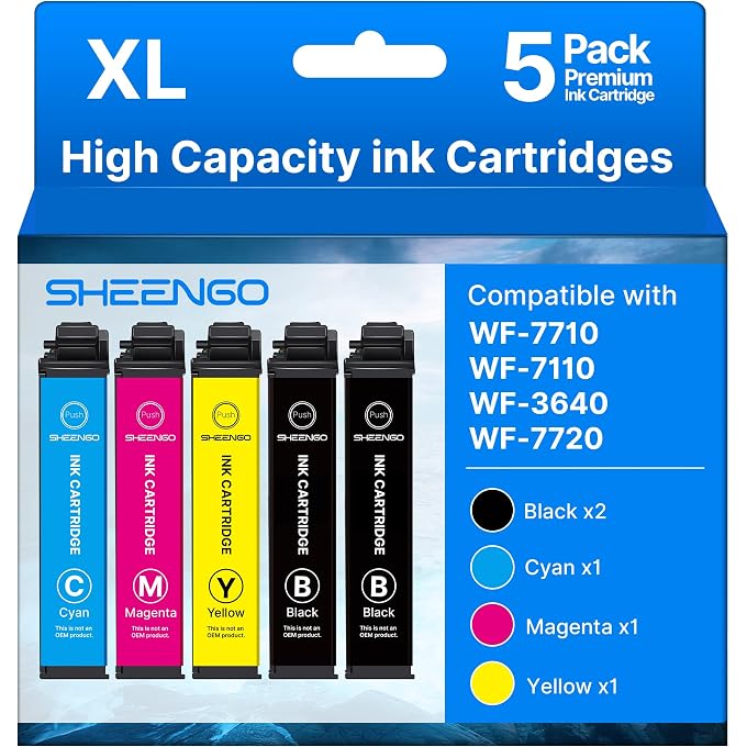 252XL Ink Cartridges Remanufactured for 252 Ink Cartridge 252 XL T252XL T252 Combo Pack use for Workforce WF-7110 WF-7720 WF-7710 WF-3620 WF-3640 (2 Black, 1 Cyan, 1 Magenta, 1 Yellow, 5 Pack)