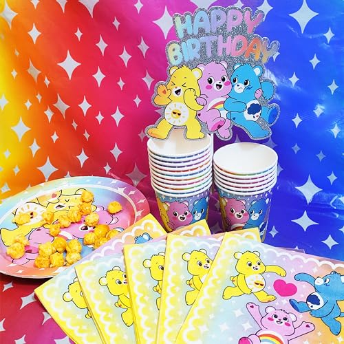 LUV HER Care Bears Birthday Decorations 58Pcs Table Decorations Party Supplies: Paper Plates, Cups Napkins, Table Cloth Cake Topper Rainbow Party Favor Gender Reveal Decor 3+ - Image 4