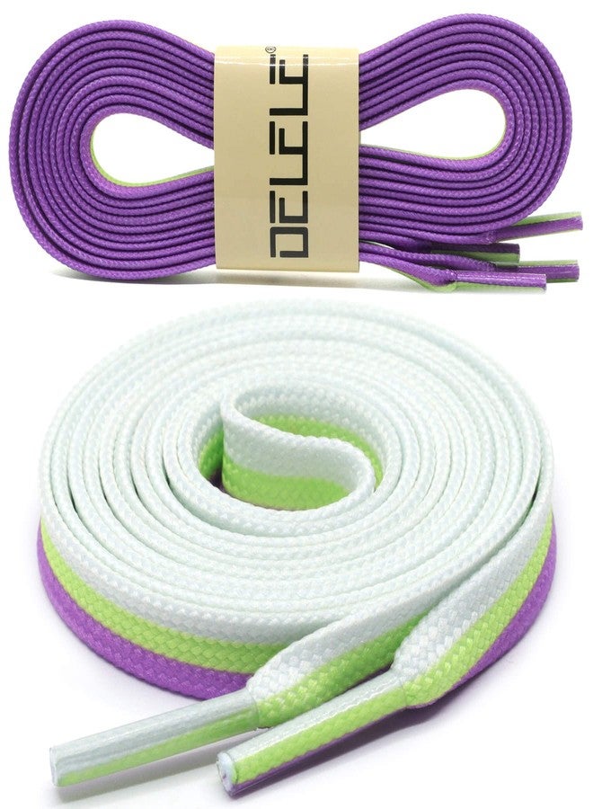 DELELE Colored Striped Flat Shoelaces: Sneakers Replacement Shoe Laces 2 Pair, 19 White Green Purple, 39 inch(100CM) - Image 2