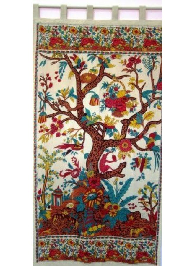 India Arts Tree of Life Tab Top Curtain Drape Door Panel 44 x 88 Inches Cream 100% Cotton - Image 1