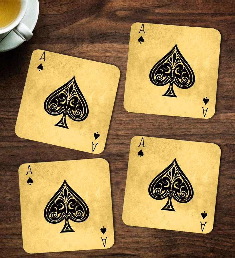 ASHVAH ASHVAH Ace of Spades PrintTypography TeaCoffee MugDesigner Handmade Wooden Coaster Set for Home Kitchen Office Desk Set of 4 Square 10cm