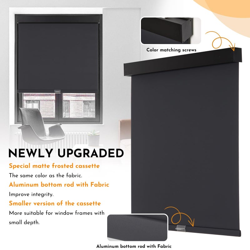 Persilux Cordless Blackout Roller Shades for Windows, Free-Stop With Valance, Thermal Insulated Fabric Blinds, UV Protection for Home and Bedroom (Black, 15" W x 64" H) - Image 2