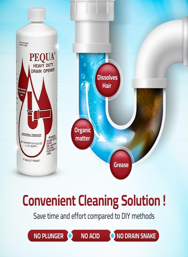 شركة PEQUA INDUSTRIES P-10232 منظف مصارف Pequa شديد التحمل، تركيبة غير حمضية وسريعة المفعول، منظف مصارف صناعي قوي للأحواض، وأحواض الاستحمام، وخزانات الصرف الصحي - 32 أونصة (عبوة من 2) - Image 2