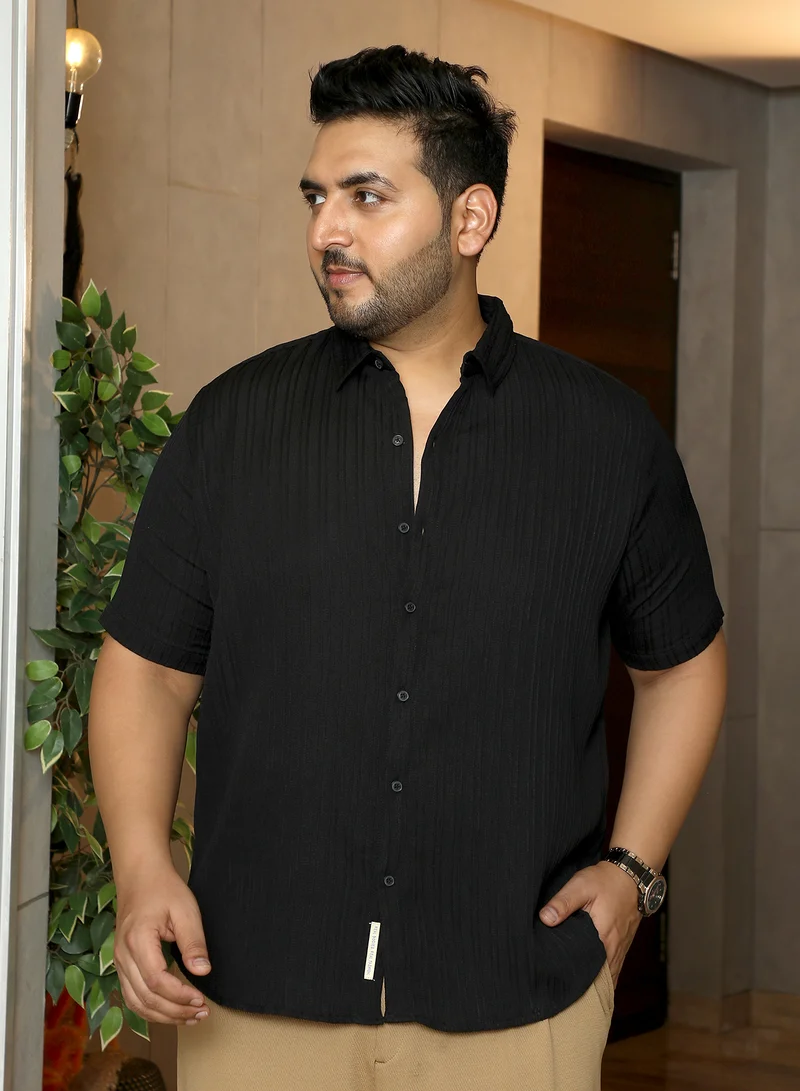 انستافاب بلس Instafab Plus Men's Onyx Black Self-Design Striped Shirt | Spread Collar , Short Regular Sleeves , Button Closure , Curved Hemline | Solid Textured Polyester Blend Material For Street & Casual Wear