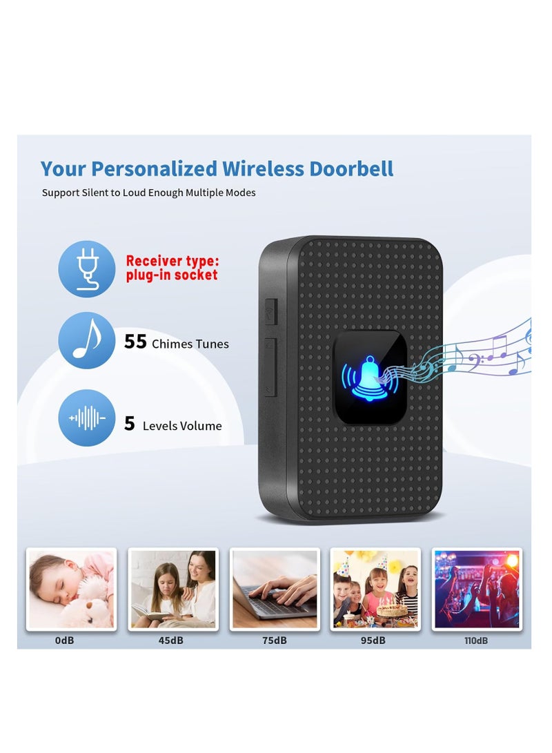 Wireless Doorbell Kit, LED Flash 55 Melodies 5 Levels Volume, Home Security Bell Chimes, IP55 Waterproof Button Outdoor Bell + Indoor Chime 2 Chimes Doorbell - Image 2