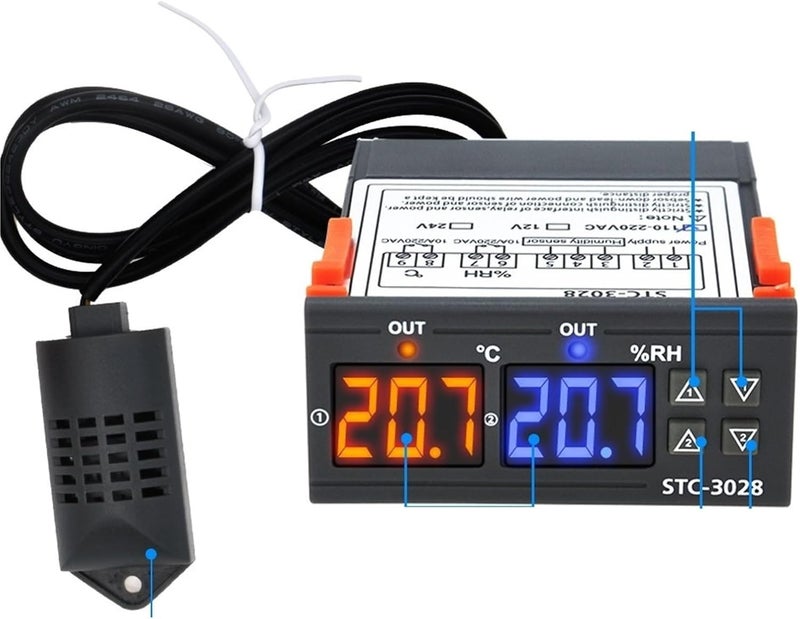 منظم الحرارة والرطوبة STC-3028 بجهد 110V/220V وتيار مستمر 12/24V مع شاشة LED ثنائية العرض الرقمية لضبط درجة الحرارة والرطوبة لحاضنة داخلية (AC110-220V) - Image 3
