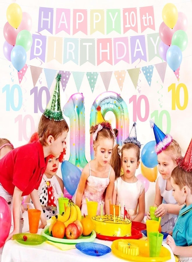 Hapdoo 10th Birthday Decorations for Girls Set - 10 Year Old Girl Birthday Decorations Happy 10th Party Banner Triangle Flag Hanging Swirls Streamers, 40 Inch Rainbow Gradient Number 10 Balloon - Image 4