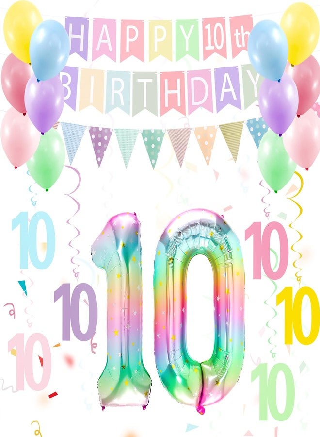 Hapdoo 10th Birthday Decorations for Girls Set - 10 Year Old Girl Birthday Decorations Happy 10th Party Banner Triangle Flag Hanging Swirls Streamers, 40 Inch Rainbow Gradient Number 10 Balloon - Image 1