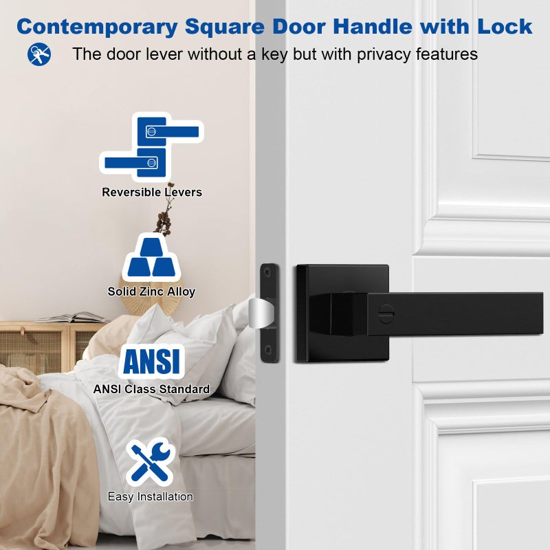 Estmoon 8 Pack Door Handles Black Interior Door Knobs, Keyless Privacy Door Levers with Lock Heavy Duty Door Handle for Bedroom Bathroom - Image 2
