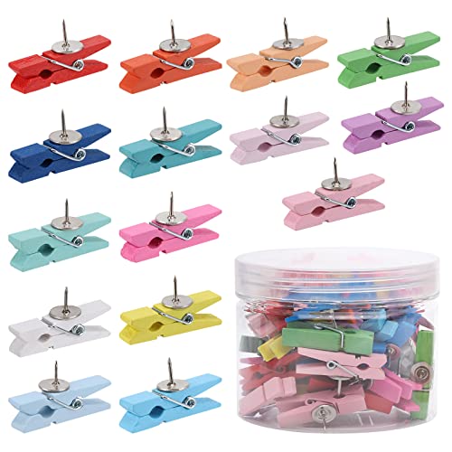 acDesign 50Pcs Wooden Clips Push Pins Tacks for Cork Board Artwork for Crafts Arts Projects Photo Supplies(Colorful) - Image 1