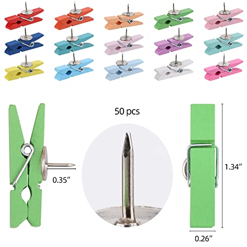 acDesign 50Pcs Wooden Clips Push Pins Tacks for Cork Board Artwork for Crafts Arts Projects Photo Supplies(Colorful) - Image 2