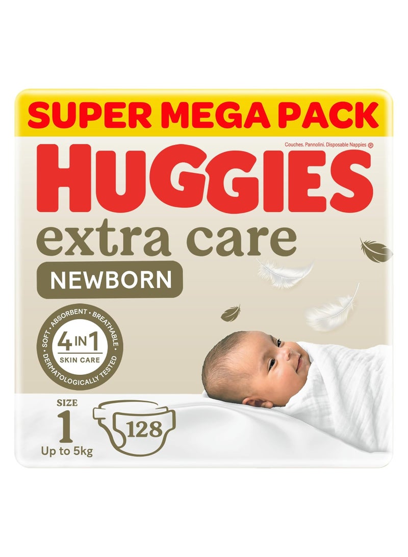 HUGGIES هجيز إكسترا كير حديثي الولادة، الحجم 1، حتى 5 كجم، عبوة توأم كبيرة، 128 حفاضة