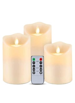 Flameless LED Candle Flickering Real Wax Faux Wick Moving Flame Effect Set of 3 Ivory Real Wax Pillar LED Candles Battery Operated with Remote Controller