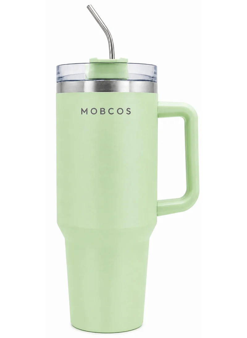 Mobcos Mobcos Plain Insulated Travel Tumbler 1200ml | Stainless Steel Vacuum Flask with Handle, Straw & Leakproof Lid | Reusable Coffee Mug | Water Bottle | Light Green