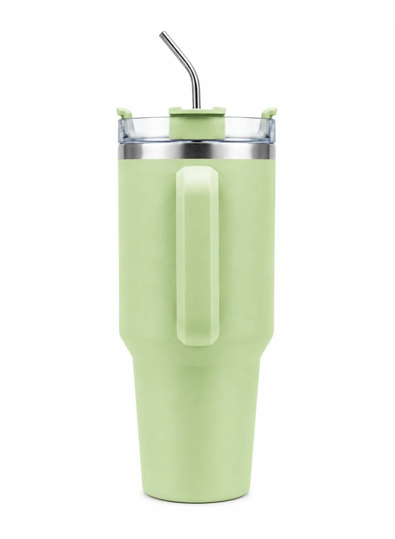 Mobcos Mobcos Light Green Plain Tumbler 1200ml Mobcos Plain Insulated Travel Tumbler 1200ml | Stainless Steel Vacuum Flask with Handle, Straw & Leakproof Lid | Reusable Coffee Mug | Water Bottle | Light Green  | Best Price UAE