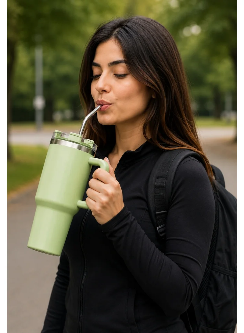 Mobcos Mobcos Light Green Plain Tumbler 1200ml Mobcos Plain Insulated Travel Tumbler 1200ml | Stainless Steel Vacuum Flask with Handle, Straw & Leakproof Lid | Reusable Coffee Mug | Water Bottle | Light Green  | Best Price UAE