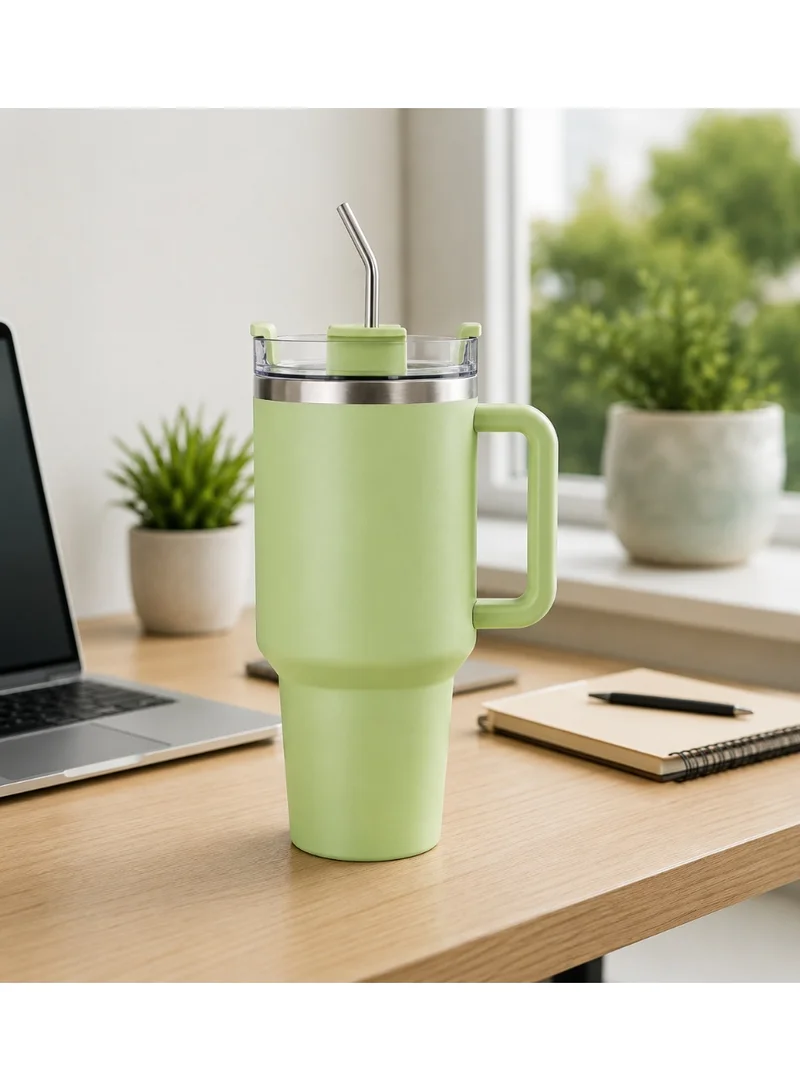 Mobcos Mobcos Light Green Plain Tumbler 1200ml Mobcos Plain Insulated Travel Tumbler 1200ml | Stainless Steel Vacuum Flask with Handle, Straw & Leakproof Lid | Reusable Coffee Mug | Water Bottle | Light Green  | Best Price UAE
